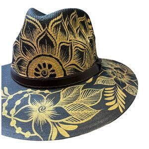 HAT MEXICAN Artisanal Hand Painted Fedora Floral Sombrero Panama Bohemian Black